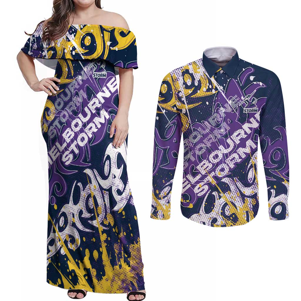 Personalized Melbourne Storm Rugby Couples Matching Off Shoulder Maxi Dress and Long Sleeve Button Shirt Urban Street Graffiti Style - Distressed Splatter Elements