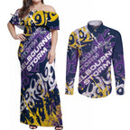 Personalized Melbourne Storm Rugby Couples Matching Off Shoulder Maxi Dress and Long Sleeve Button Shirt Urban Street Graffiti Style - Distressed Splatter Elements