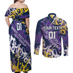 Personalized Melbourne Storm Rugby Couples Matching Off Shoulder Maxi Dress and Long Sleeve Button Shirt Urban Street Graffiti Style - Distressed Splatter Elements