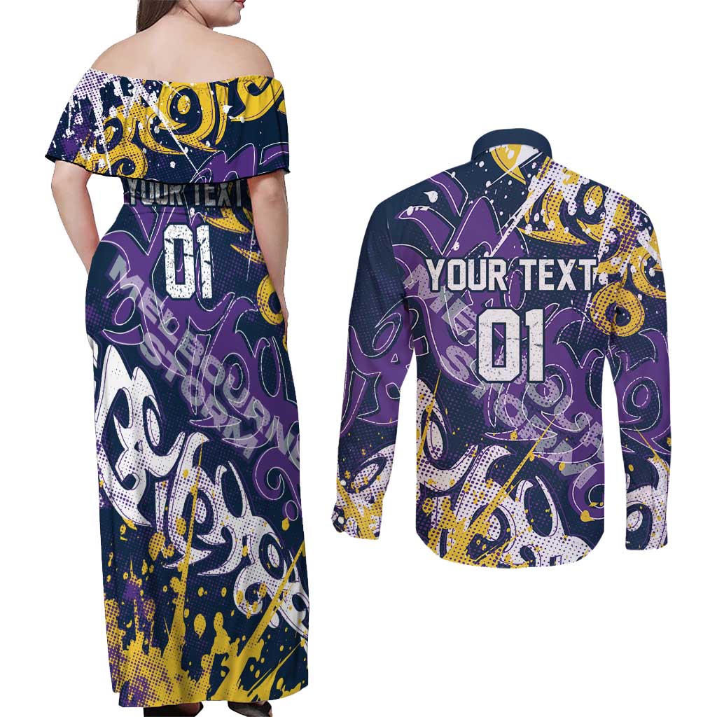 Personalized Melbourne Storm Rugby Couples Matching Off Shoulder Maxi Dress and Long Sleeve Button Shirt Urban Street Graffiti Style - Distressed Splatter Elements