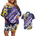 Personalized Melbourne Storm Rugby Couples Matching Off Shoulder Short Dress and Hawaiian Shirt Urban Street Graffiti Style - Distressed Splatter Elements