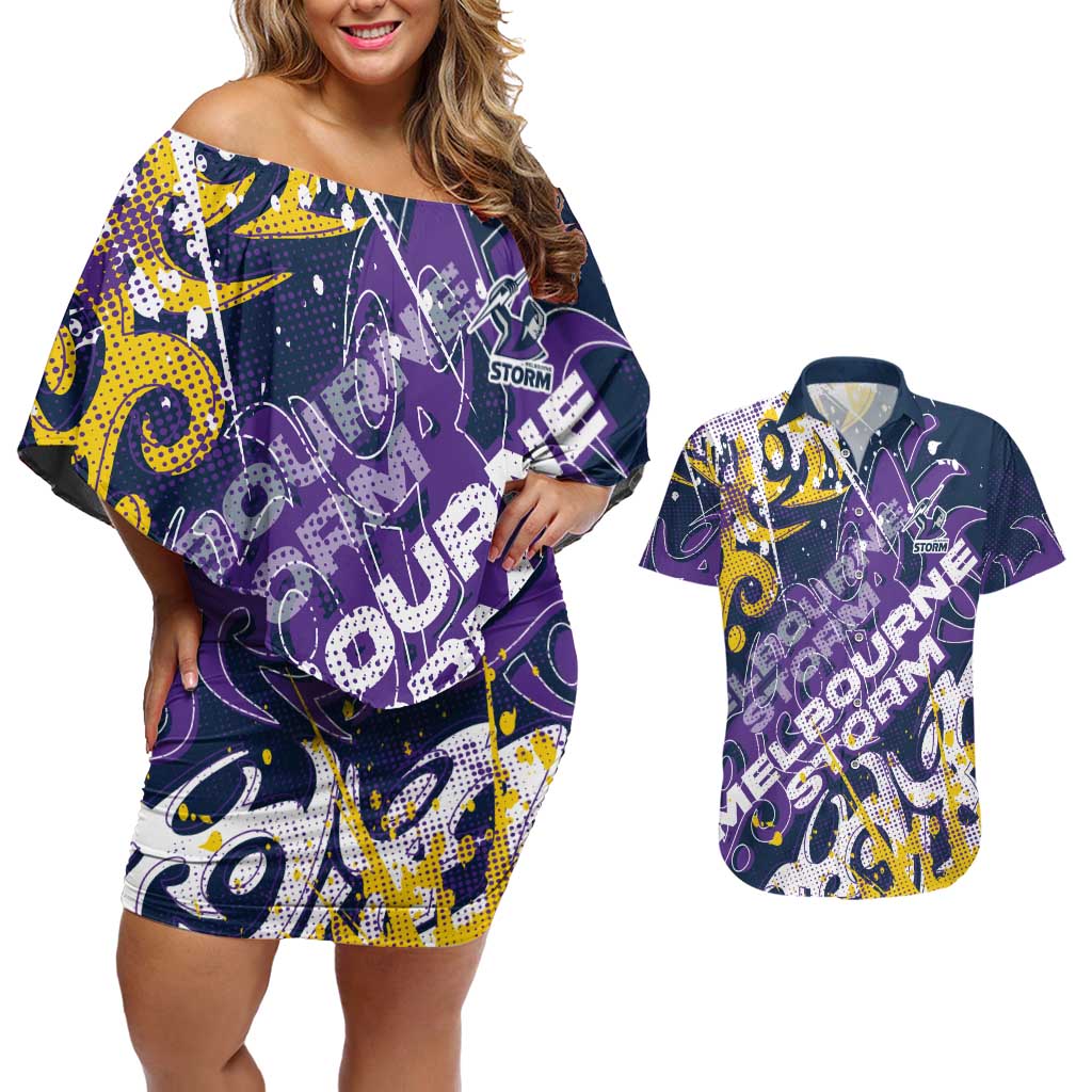 Personalized Melbourne Storm Rugby Couples Matching Off Shoulder Short Dress and Hawaiian Shirt Urban Street Graffiti Style - Distressed Splatter Elements