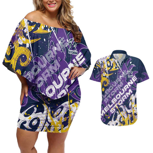 Personalized Melbourne Storm Rugby Couples Matching Off Shoulder Short Dress and Hawaiian Shirt Urban Street Graffiti Style - Distressed Splatter Elements