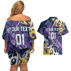Personalized Melbourne Storm Rugby Couples Matching Off Shoulder Short Dress and Hawaiian Shirt Urban Street Graffiti Style - Distressed Splatter Elements