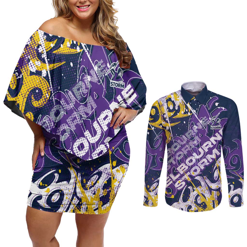 Personalized Melbourne Storm Rugby Couples Matching Off Shoulder Short Dress and Long Sleeve Button Shirt Urban Street Graffiti Style - Distressed Splatter Elements