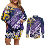 Personalized Melbourne Storm Rugby Couples Matching Off Shoulder Short Dress and Long Sleeve Button Shirt Urban Street Graffiti Style - Distressed Splatter Elements
