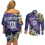 Personalized Melbourne Storm Rugby Couples Matching Off Shoulder Short Dress and Long Sleeve Button Shirt Urban Street Graffiti Style - Distressed Splatter Elements