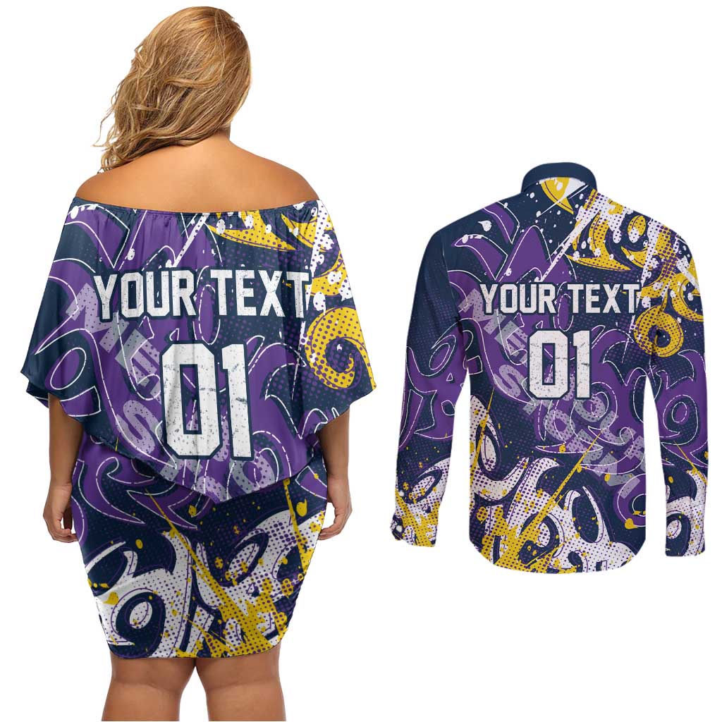 Personalized Melbourne Storm Rugby Couples Matching Off Shoulder Short Dress and Long Sleeve Button Shirt Urban Street Graffiti Style - Distressed Splatter Elements