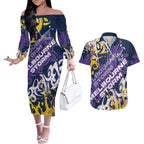 Personalized Melbourne Storm Rugby Couples Matching Off The Shoulder Long Sleeve Dress and Hawaiian Shirt Urban Street Graffiti Style - Distressed Splatter Elements