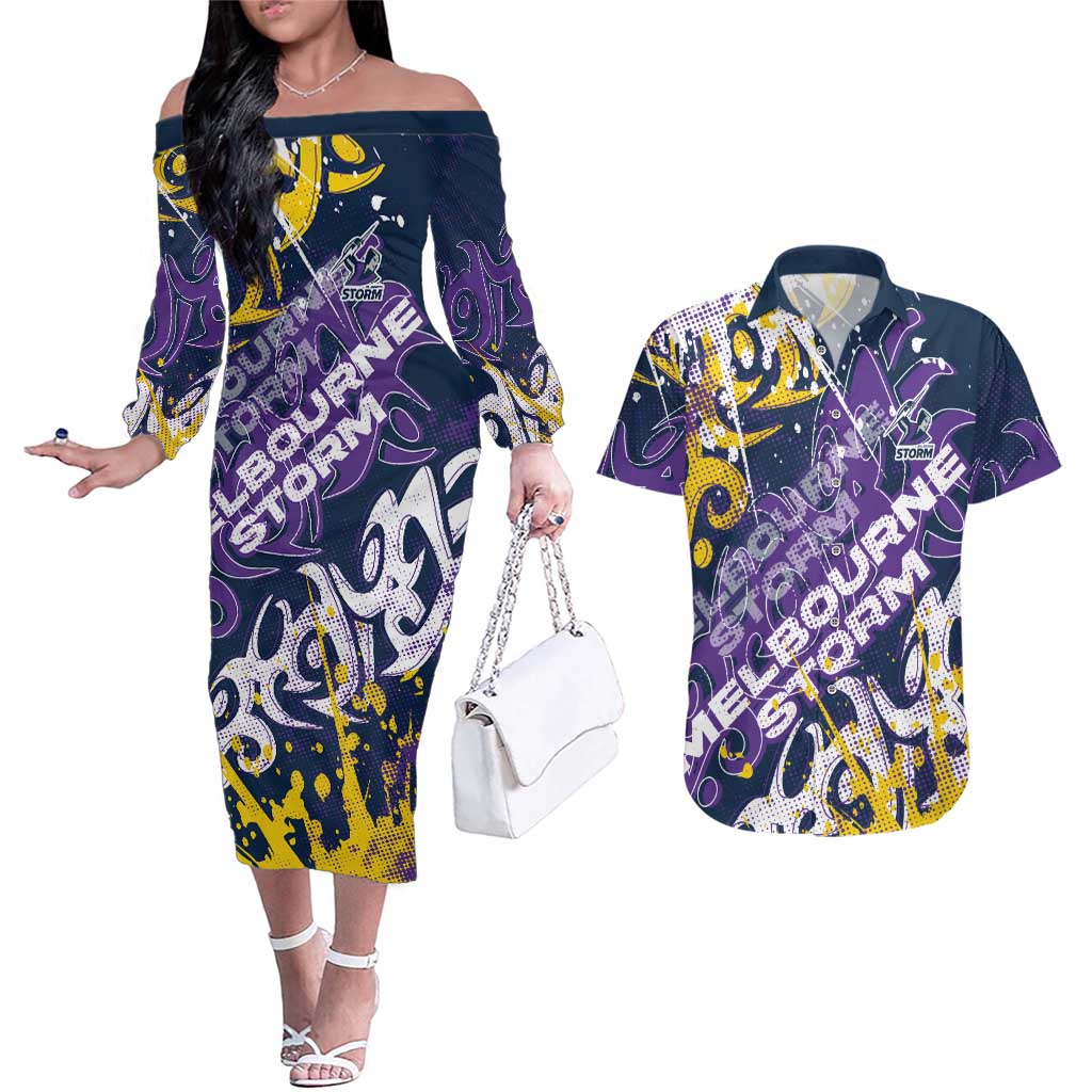 Personalized Melbourne Storm Rugby Couples Matching Off The Shoulder Long Sleeve Dress and Hawaiian Shirt Urban Street Graffiti Style - Distressed Splatter Elements