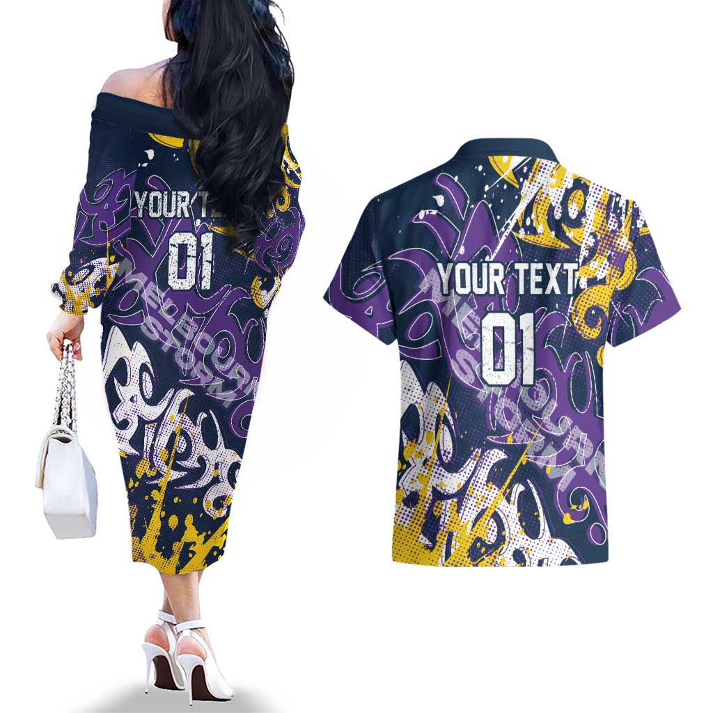 Personalized Melbourne Storm Rugby Couples Matching Off The Shoulder Long Sleeve Dress and Hawaiian Shirt Urban Street Graffiti Style - Distressed Splatter Elements