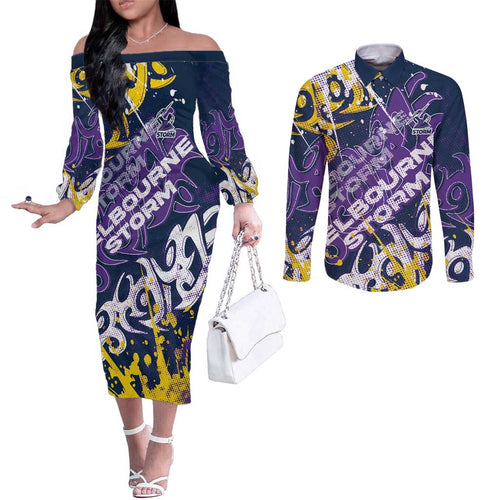 Personalized Melbourne Storm Rugby Couples Matching Off The Shoulder Long Sleeve Dress and Long Sleeve Button Shirt Urban Street Graffiti Style - Distressed Splatter Elements