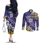 Personalized Melbourne Storm Rugby Couples Matching Off The Shoulder Long Sleeve Dress and Long Sleeve Button Shirt Urban Street Graffiti Style - Distressed Splatter Elements