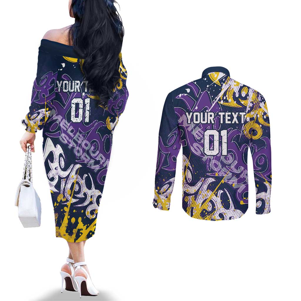 Personalized Melbourne Storm Rugby Couples Matching Off The Shoulder Long Sleeve Dress and Long Sleeve Button Shirt Urban Street Graffiti Style - Distressed Splatter Elements