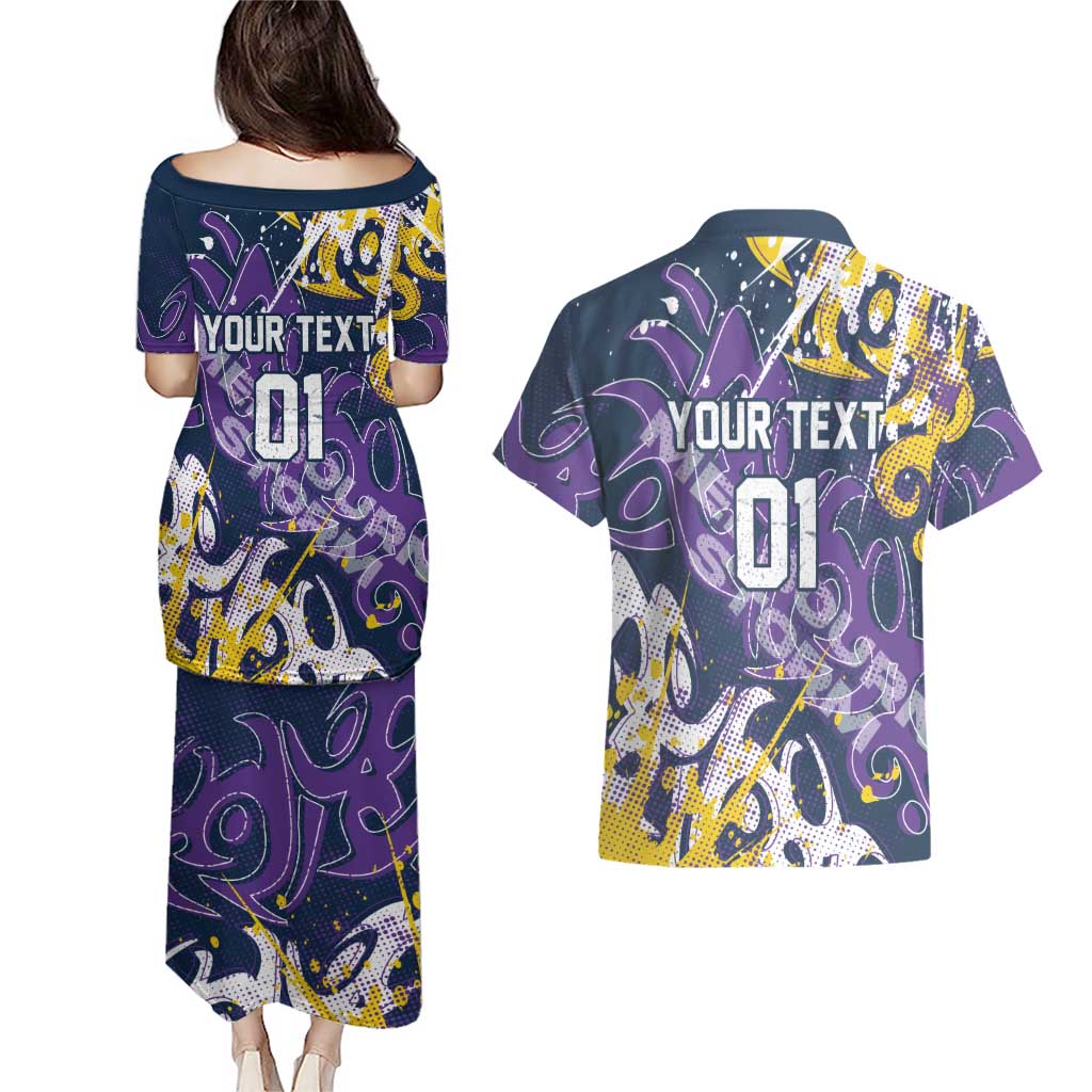 Personalized Melbourne Storm Rugby Couples Matching Puletasi and Hawaiian Shirt Urban Street Graffiti Style - Distressed Splatter Elements