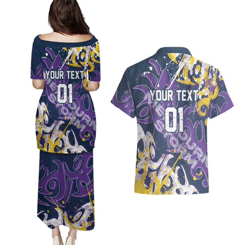 Personalized Melbourne Storm Rugby Couples Matching Puletasi and Hawaiian Shirt Urban Street Graffiti Style - Distressed Splatter Elements