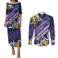 Personalized Melbourne Storm Rugby Couples Matching Puletasi and Long Sleeve Button Shirt Urban Street Graffiti Style - Distressed Splatter Elements