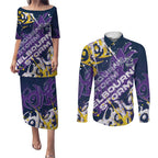 Personalized Melbourne Storm Rugby Couples Matching Puletasi and Long Sleeve Button Shirt Urban Street Graffiti Style - Distressed Splatter Elements