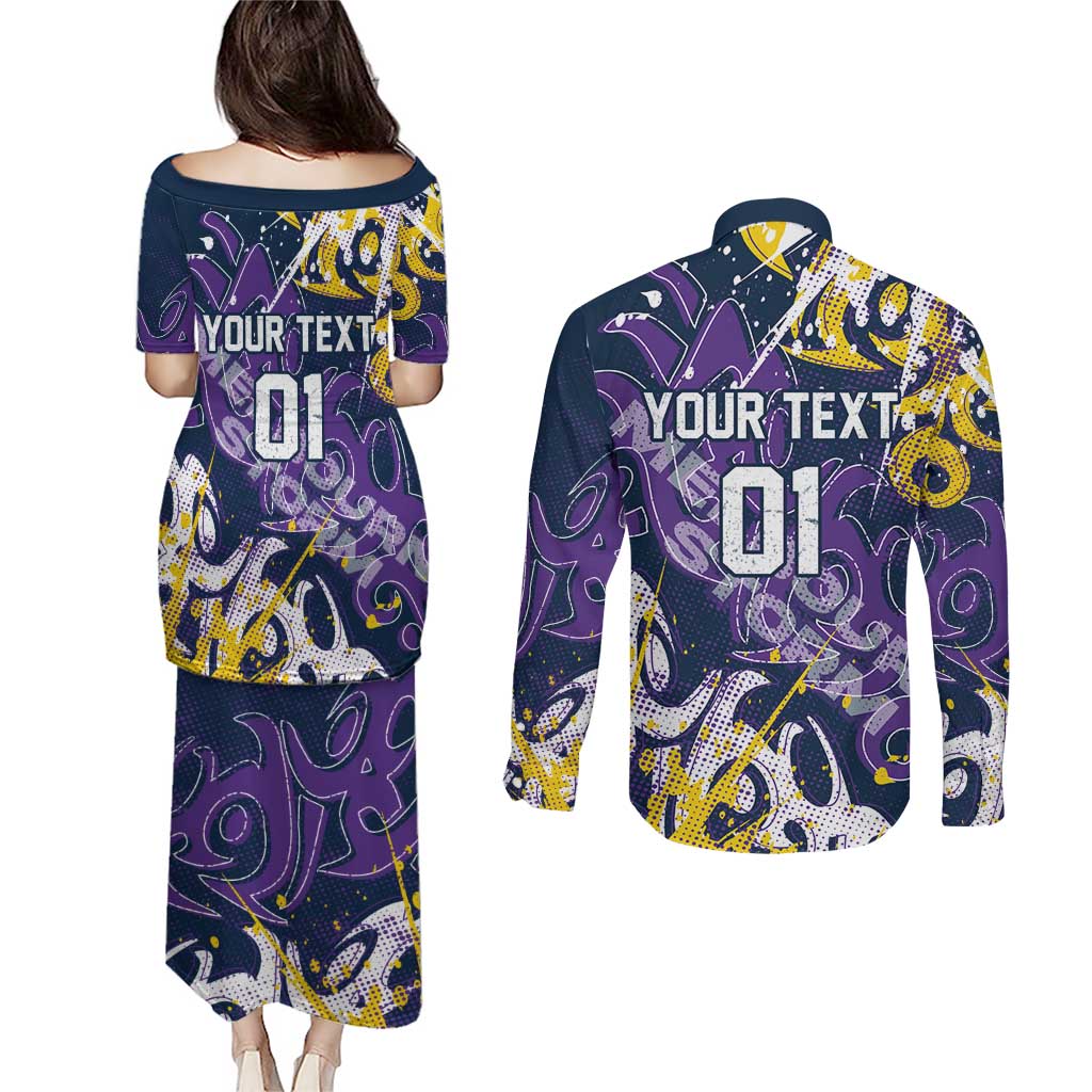 Personalized Melbourne Storm Rugby Couples Matching Puletasi and Long Sleeve Button Shirt Urban Street Graffiti Style - Distressed Splatter Elements