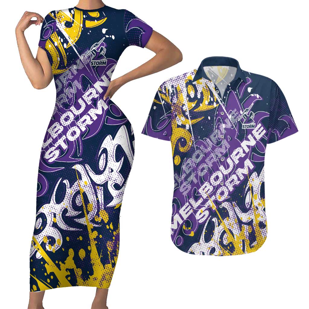 Personalized Melbourne Storm Rugby Couples Matching Short Sleeve Bodycon Dress and Hawaiian Shirt Urban Street Graffiti Style - Distressed Splatter Elements