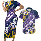 Personalized Melbourne Storm Rugby Couples Matching Short Sleeve Bodycon Dress and Hawaiian Shirt Urban Street Graffiti Style - Distressed Splatter Elements