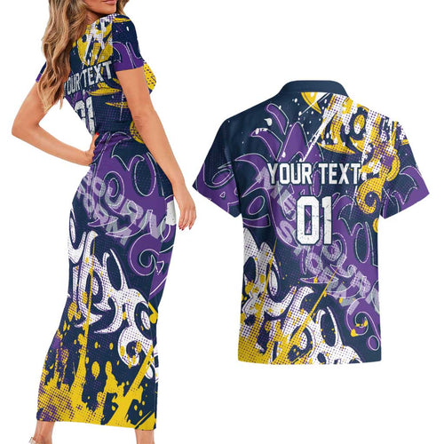 Personalized Melbourne Storm Rugby Couples Matching Short Sleeve Bodycon Dress and Hawaiian Shirt Urban Street Graffiti Style - Distressed Splatter Elements
