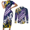 Personalized Melbourne Storm Rugby Couples Matching Short Sleeve Bodycon Dress and Long Sleeve Button Shirt Urban Street Graffiti Style - Distressed Splatter Elements