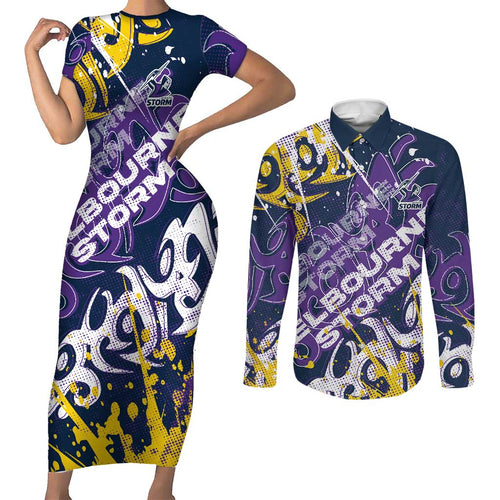 Personalized Melbourne Storm Rugby Couples Matching Short Sleeve Bodycon Dress and Long Sleeve Button Shirt Urban Street Graffiti Style - Distressed Splatter Elements