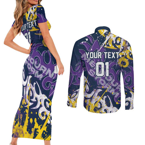 Personalized Melbourne Storm Rugby Couples Matching Short Sleeve Bodycon Dress and Long Sleeve Button Shirt Urban Street Graffiti Style - Distressed Splatter Elements