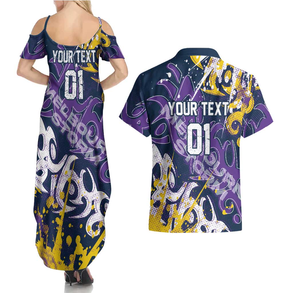 Personalized Melbourne Storm Rugby Couples Matching Summer Maxi Dress and Hawaiian Shirt Urban Street Graffiti Style - Distressed Splatter Elements