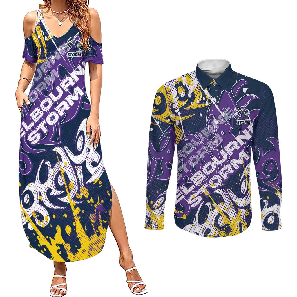 Personalized Melbourne Storm Rugby Couples Matching Summer Maxi Dress and Long Sleeve Button Shirt Urban Street Graffiti Style - Distressed Splatter Elements