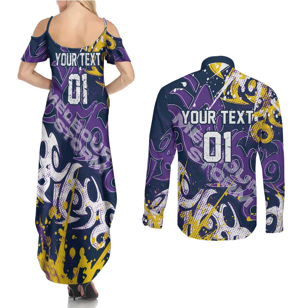 Personalized Melbourne Storm Rugby Couples Matching Summer Maxi Dress and Long Sleeve Button Shirt Urban Street Graffiti Style - Distressed Splatter Elements