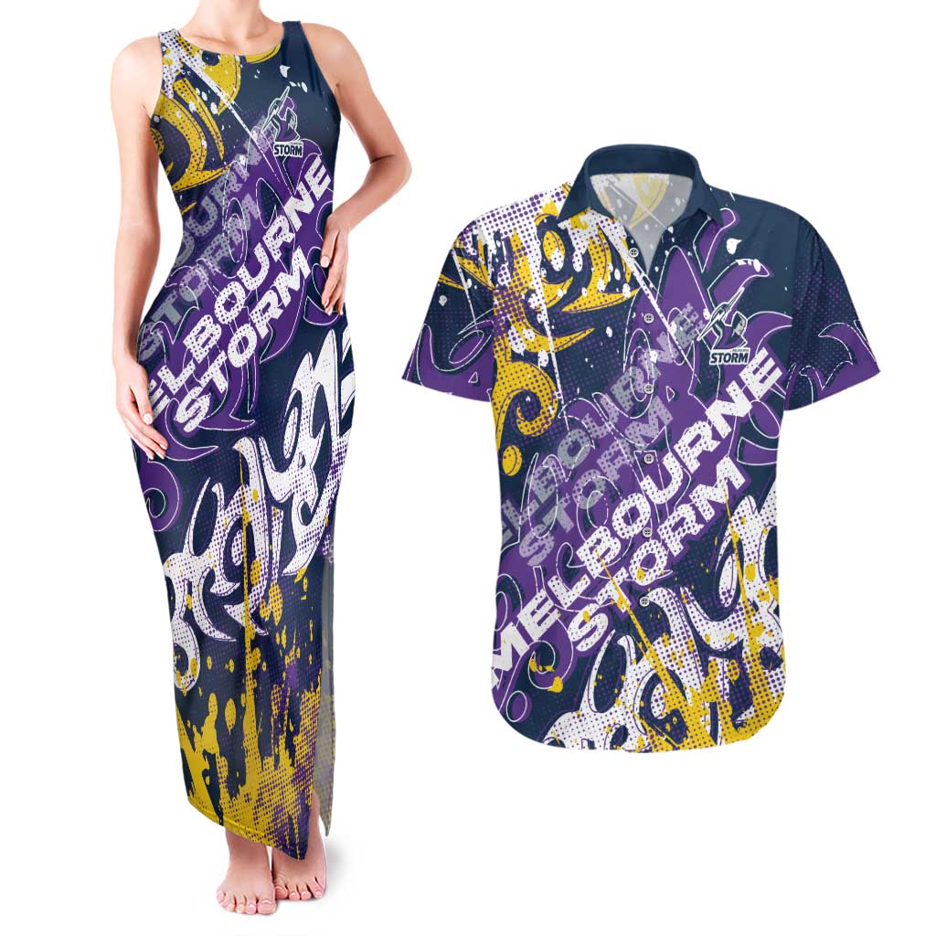 Personalized Melbourne Storm Rugby Couples Matching Tank Maxi Dress and Hawaiian Shirt Urban Street Graffiti Style - Distressed Splatter Elements