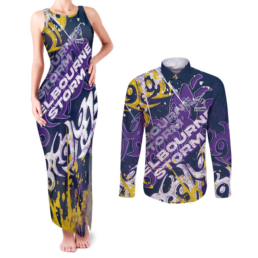 Personalized Melbourne Storm Rugby Couples Matching Tank Maxi Dress and Long Sleeve Button Shirt Urban Street Graffiti Style - Distressed Splatter Elements