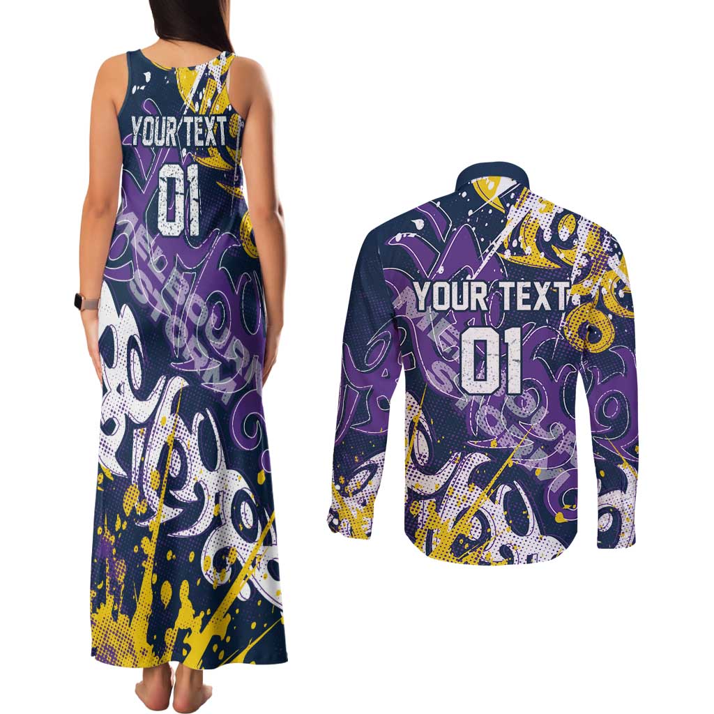 Personalized Melbourne Storm Rugby Couples Matching Tank Maxi Dress and Long Sleeve Button Shirt Urban Street Graffiti Style - Distressed Splatter Elements