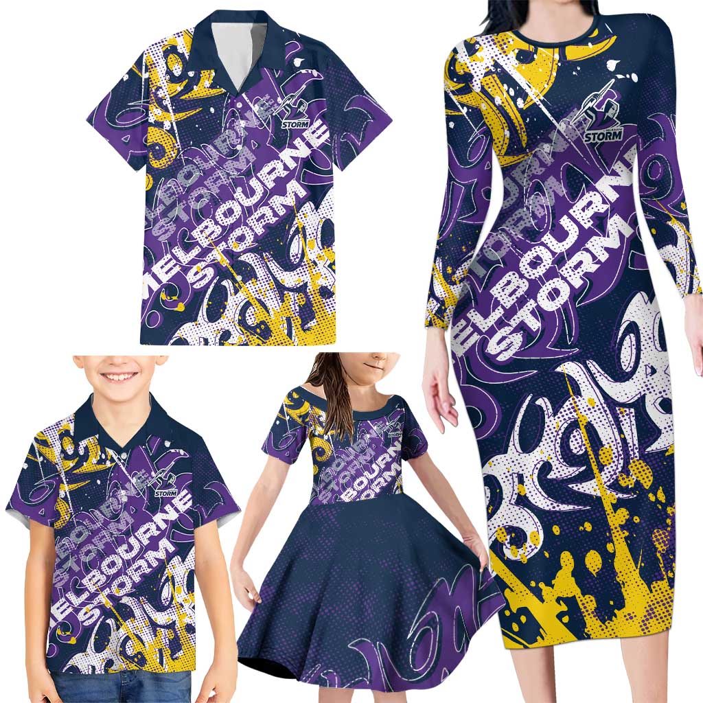 Personalized Melbourne Storm Rugby Family Matching Long Sleeve Bodycon Dress and Hawaiian Shirt Urban Street Graffiti Style - Distressed Splatter Elements