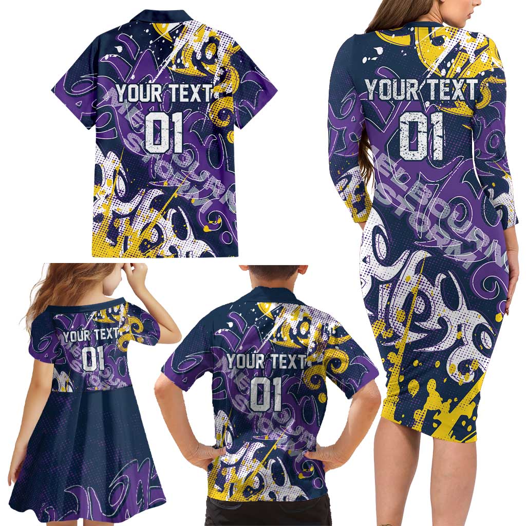 Personalized Melbourne Storm Rugby Family Matching Long Sleeve Bodycon Dress and Hawaiian Shirt Urban Street Graffiti Style - Distressed Splatter Elements