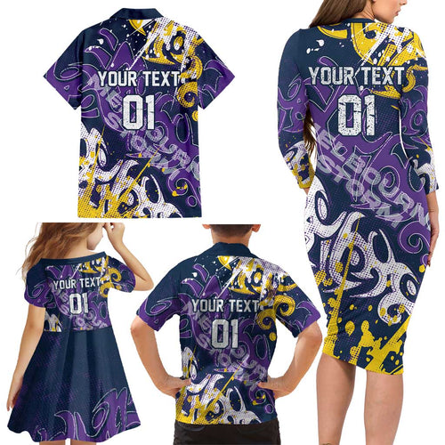 Personalized Melbourne Storm Rugby Family Matching Long Sleeve Bodycon Dress and Hawaiian Shirt Urban Street Graffiti Style - Distressed Splatter Elements