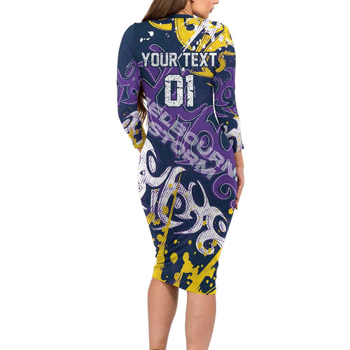 Personalized Melbourne Storm Rugby Family Matching Long Sleeve Bodycon Dress and Hawaiian Shirt Urban Street Graffiti Style - Distressed Splatter Elements