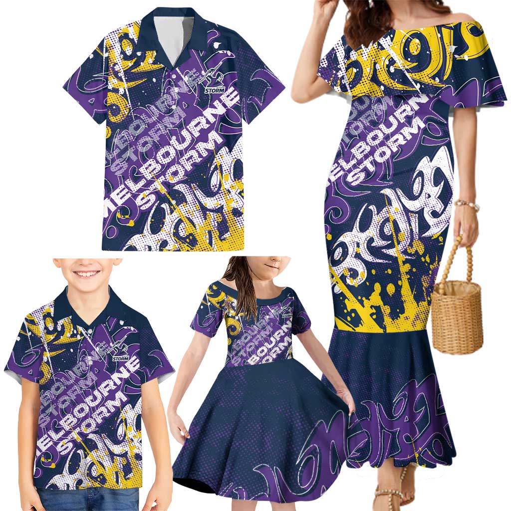 Personalized Melbourne Storm Rugby Family Matching Mermaid Dress and Hawaiian Shirt Urban Street Graffiti Style - Distressed Splatter Elements