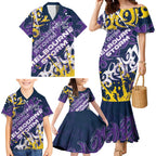 Personalized Melbourne Storm Rugby Family Matching Mermaid Dress and Hawaiian Shirt Urban Street Graffiti Style - Distressed Splatter Elements