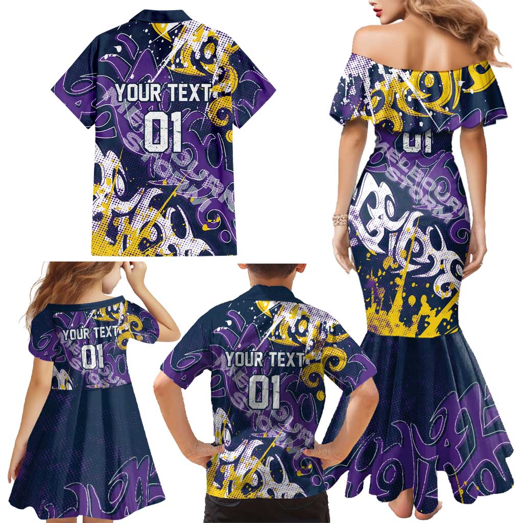 Personalized Melbourne Storm Rugby Family Matching Mermaid Dress and Hawaiian Shirt Urban Street Graffiti Style - Distressed Splatter Elements