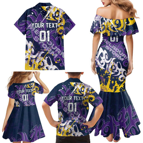 Personalized Melbourne Storm Rugby Family Matching Mermaid Dress and Hawaiian Shirt Urban Street Graffiti Style - Distressed Splatter Elements