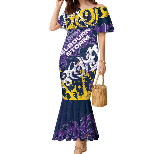 Personalized Melbourne Storm Rugby Family Matching Mermaid Dress and Hawaiian Shirt Urban Street Graffiti Style - Distressed Splatter Elements