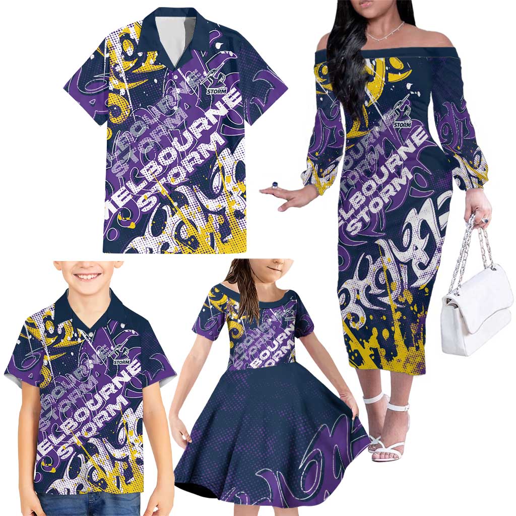 Personalized Melbourne Storm Rugby Family Matching Off The Shoulder Long Sleeve Dress and Hawaiian Shirt Urban Street Graffiti Style - Distressed Splatter Elements