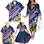 Personalized Melbourne Storm Rugby Family Matching Off The Shoulder Long Sleeve Dress and Hawaiian Shirt Urban Street Graffiti Style - Distressed Splatter Elements