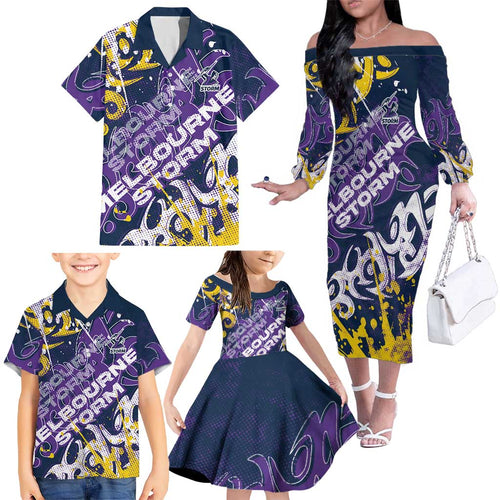 Personalized Melbourne Storm Rugby Family Matching Off The Shoulder Long Sleeve Dress and Hawaiian Shirt Urban Street Graffiti Style - Distressed Splatter Elements