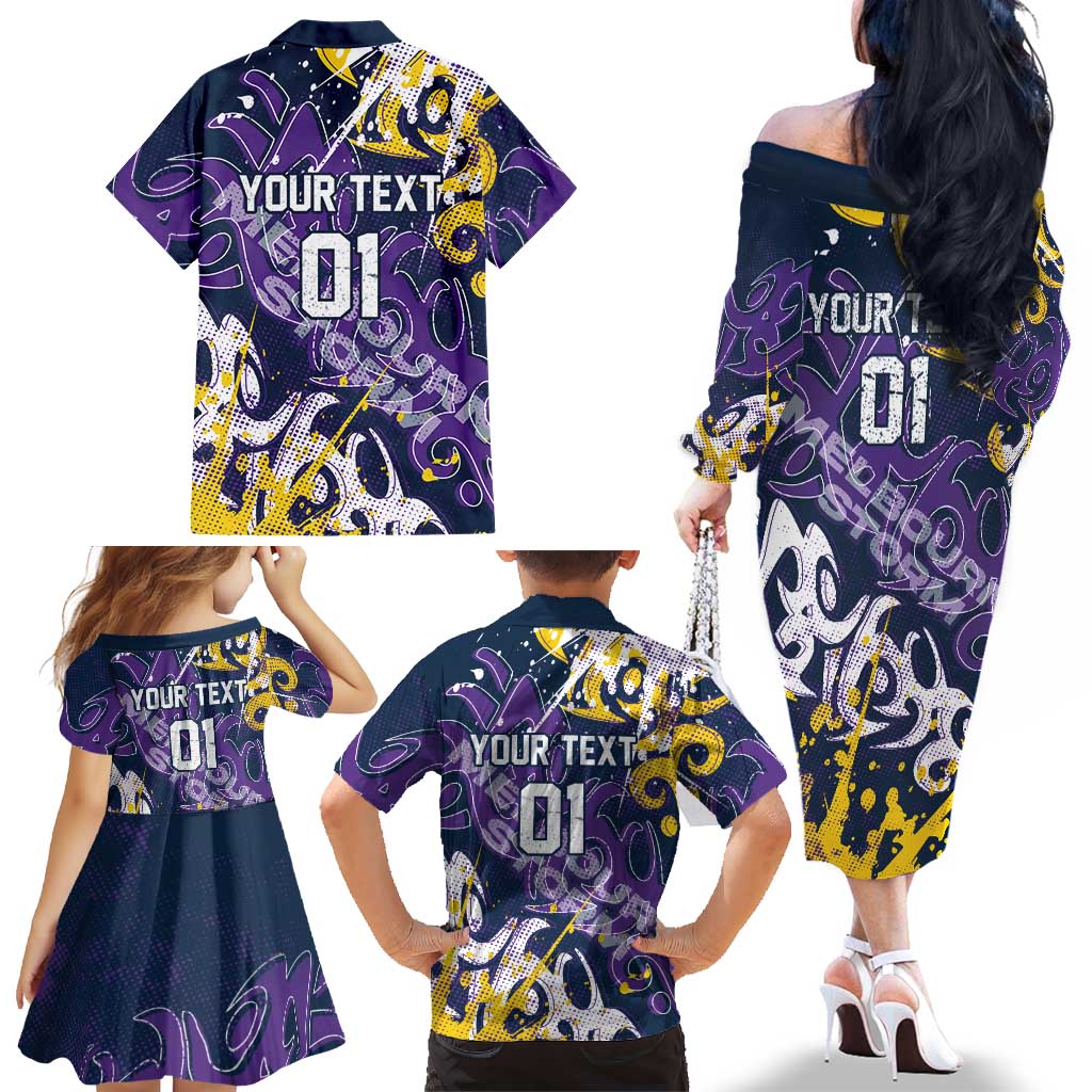 Personalized Melbourne Storm Rugby Family Matching Off The Shoulder Long Sleeve Dress and Hawaiian Shirt Urban Street Graffiti Style - Distressed Splatter Elements