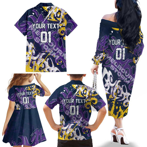 Personalized Melbourne Storm Rugby Family Matching Off The Shoulder Long Sleeve Dress and Hawaiian Shirt Urban Street Graffiti Style - Distressed Splatter Elements