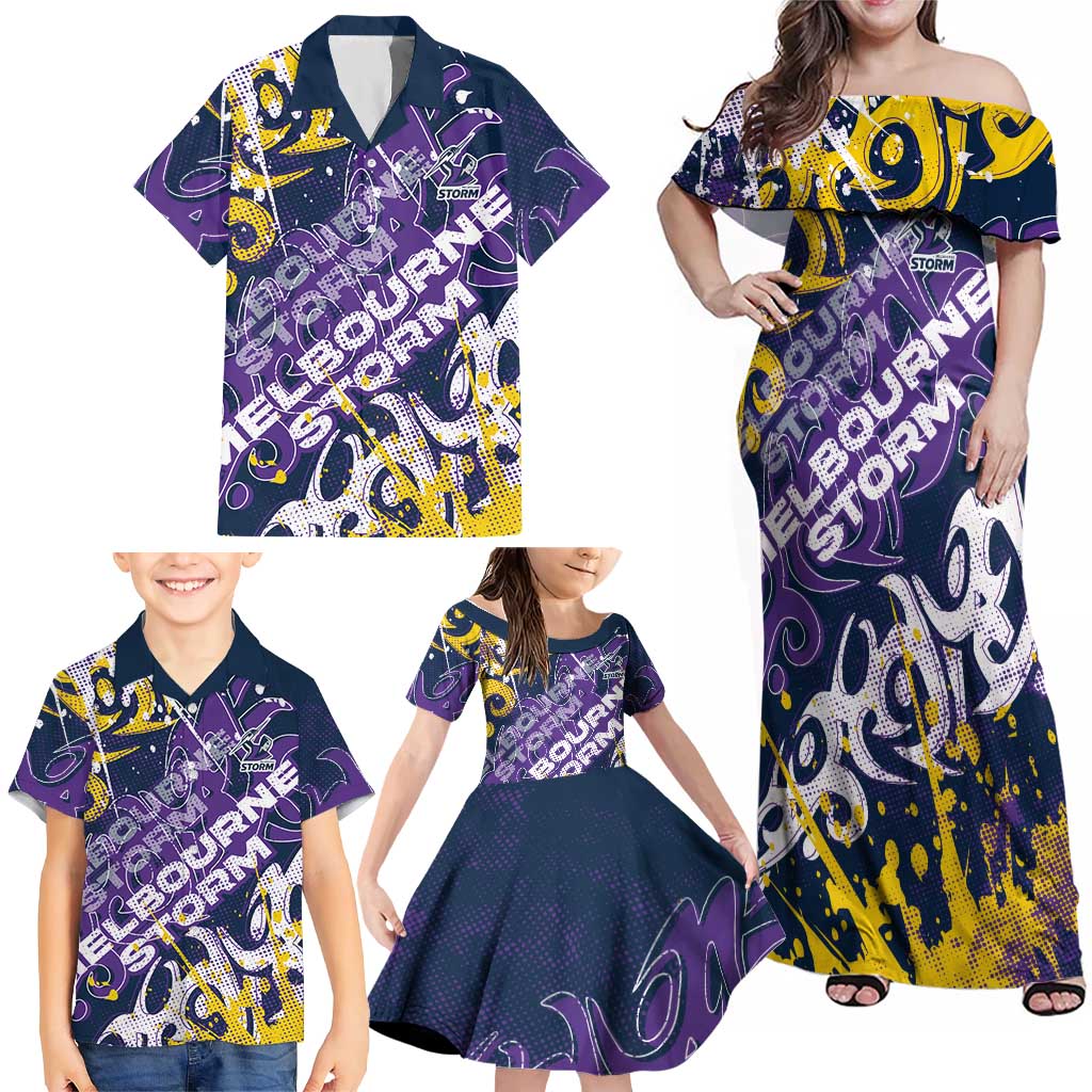 Personalized Melbourne Storm Rugby Family Matching Off Shoulder Maxi Dress and Hawaiian Shirt Urban Street Graffiti Style - Distressed Splatter Elements